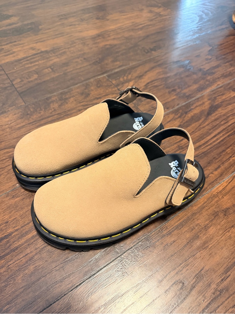 Dr. Martens Tan Suede Slingback Clogs with Yellow Stitching
